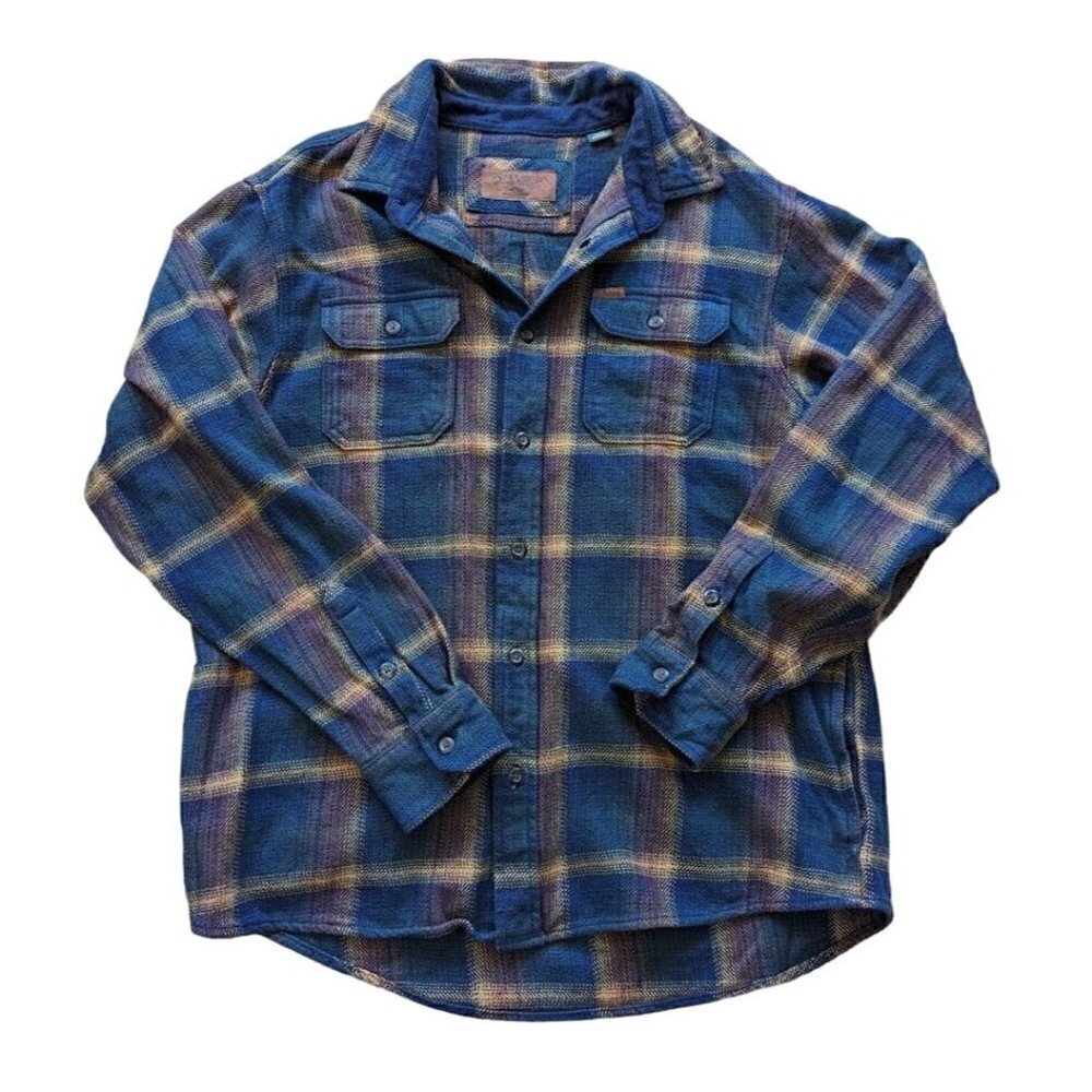 Orvis Button Up Mens Shacket Heavyweight Double Brushed Flannel Plaid Blue XL